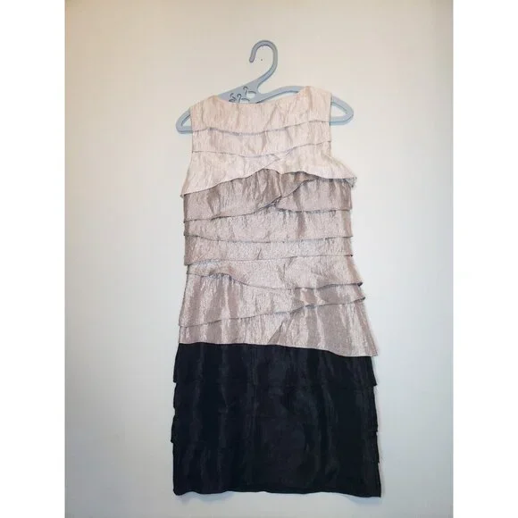 London Times Dress Women 4 Silver Black Ruffled Sheath Sleeveless Knee Length - Picture 2 of 6